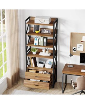 Bookshelf with Drawers, 70.8" Industrial Bookcase with 2 Drawers, 5 Shelf Open Shelf for Storage, Wood Book Shelf for Living Room, Bedroom, Home, Office
