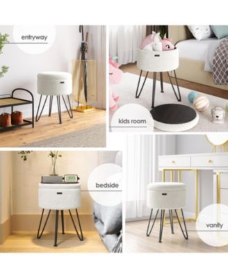 Modern Boucle Round Ottoman with Hidden Storage – Foot Stool, Makeup Vanity Stool, Small Ottoman Foot Rest, Perfect for Living Room