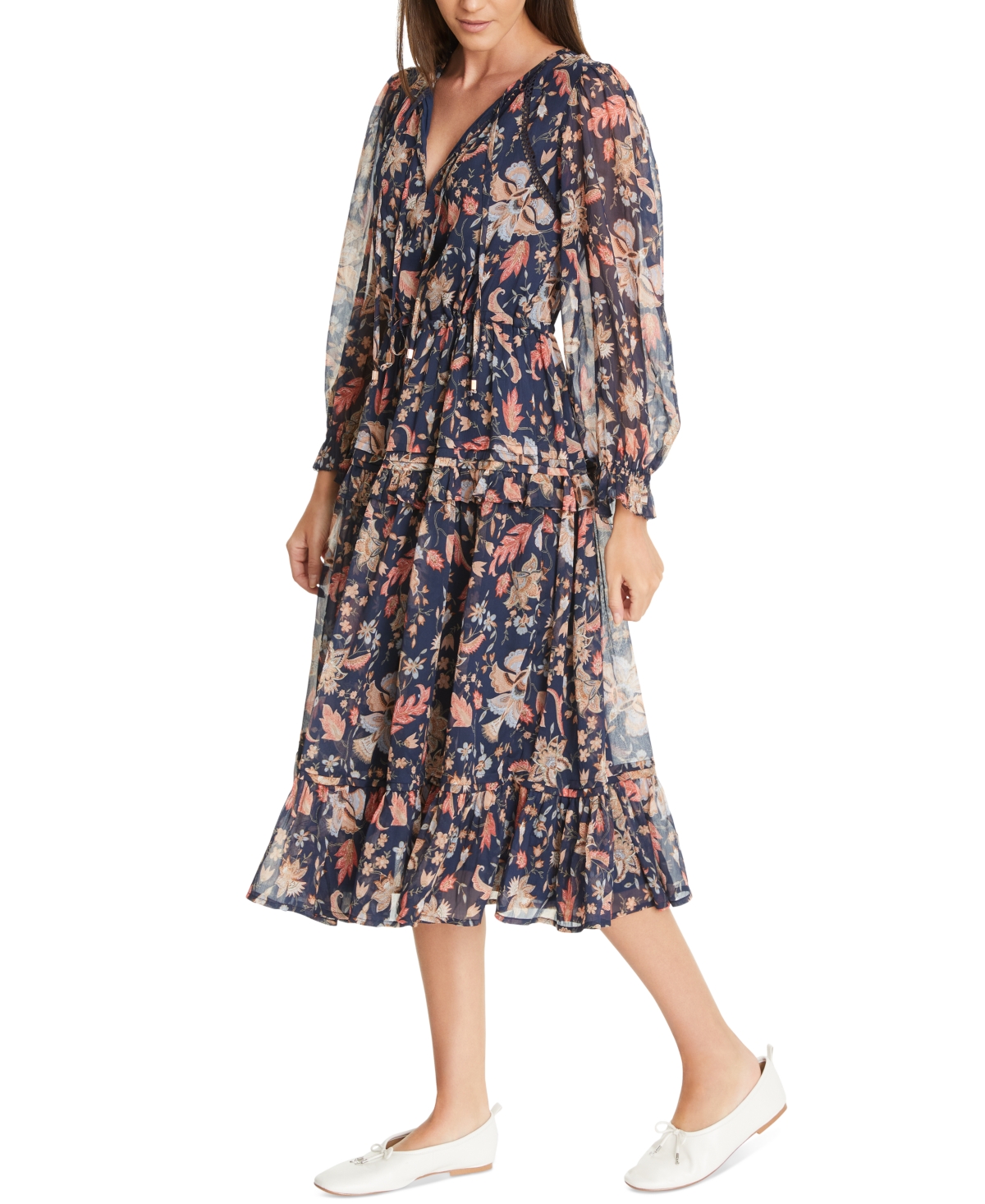 Shop Sam Edelman Women's Clarice Floral Split-neck Midi Swing Dress In Navy-new Bloom