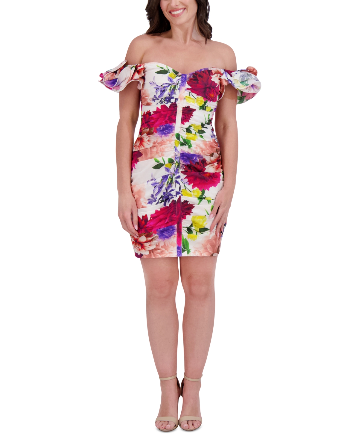 Women's Off-The-Shoulder Ruffled-Sleeve Ruched Dress - Sapphire