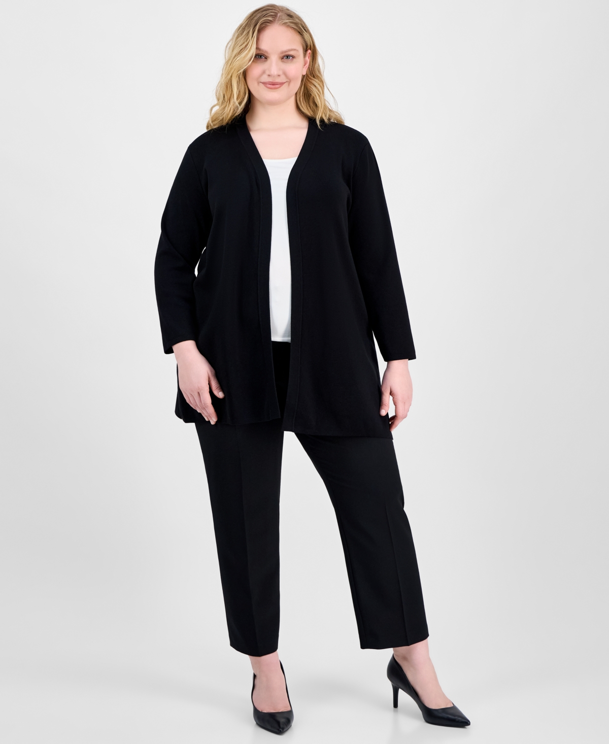 AK ANNE KLEIN PLUS SIZE OPEN-FRONT LONG-SLEEVE SIDE-SLIT CARDIGAN 