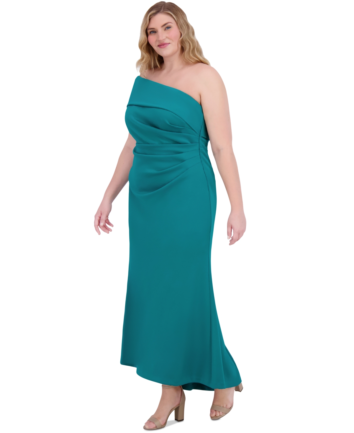 ELIZA J PLUS SIZE ONE-SHOULDER SIDE-GATHERED EVENING GOWN 