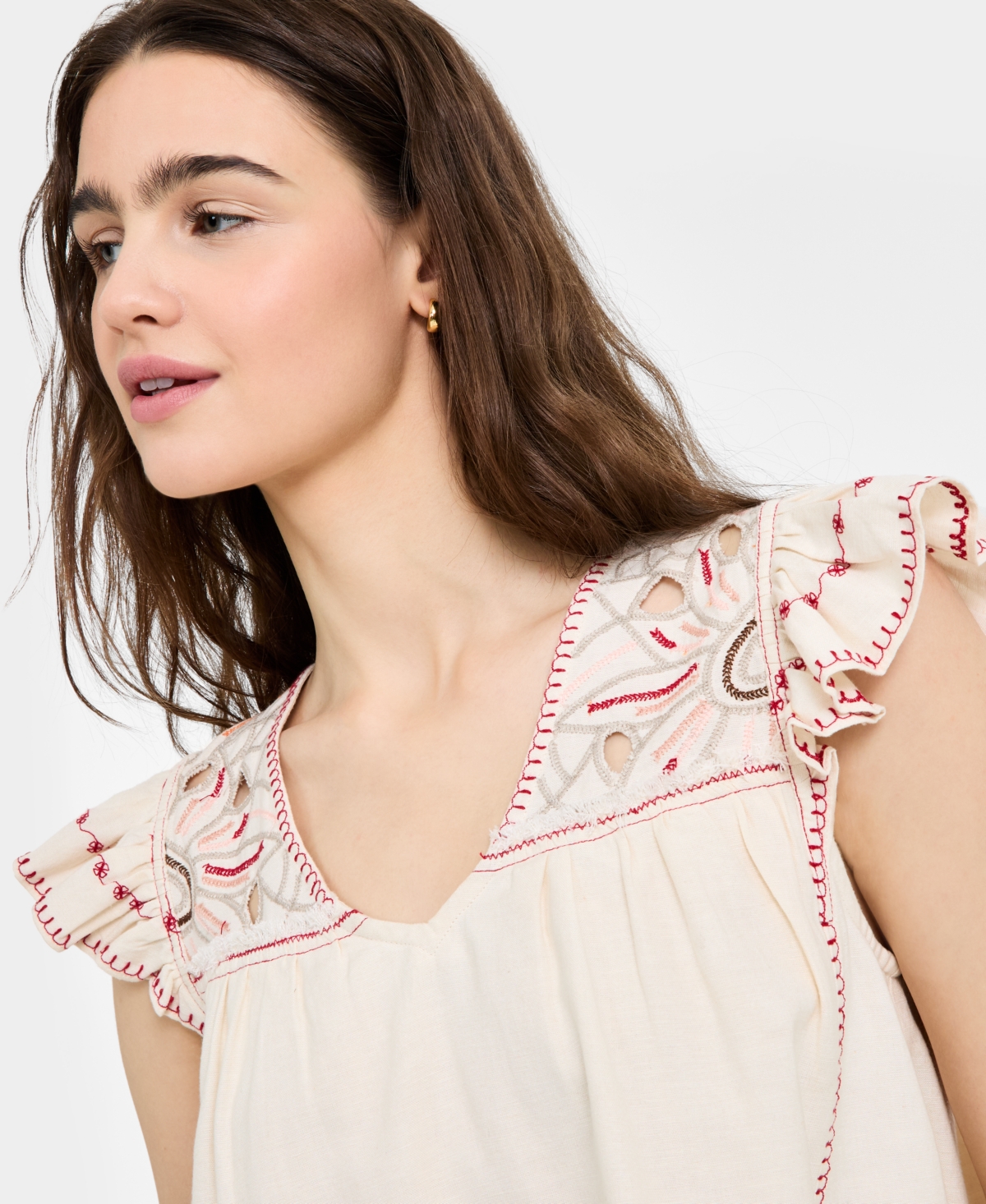 Liverpool Los Angeles Flutter Sleeve Top In Bone With Multi Embroidery