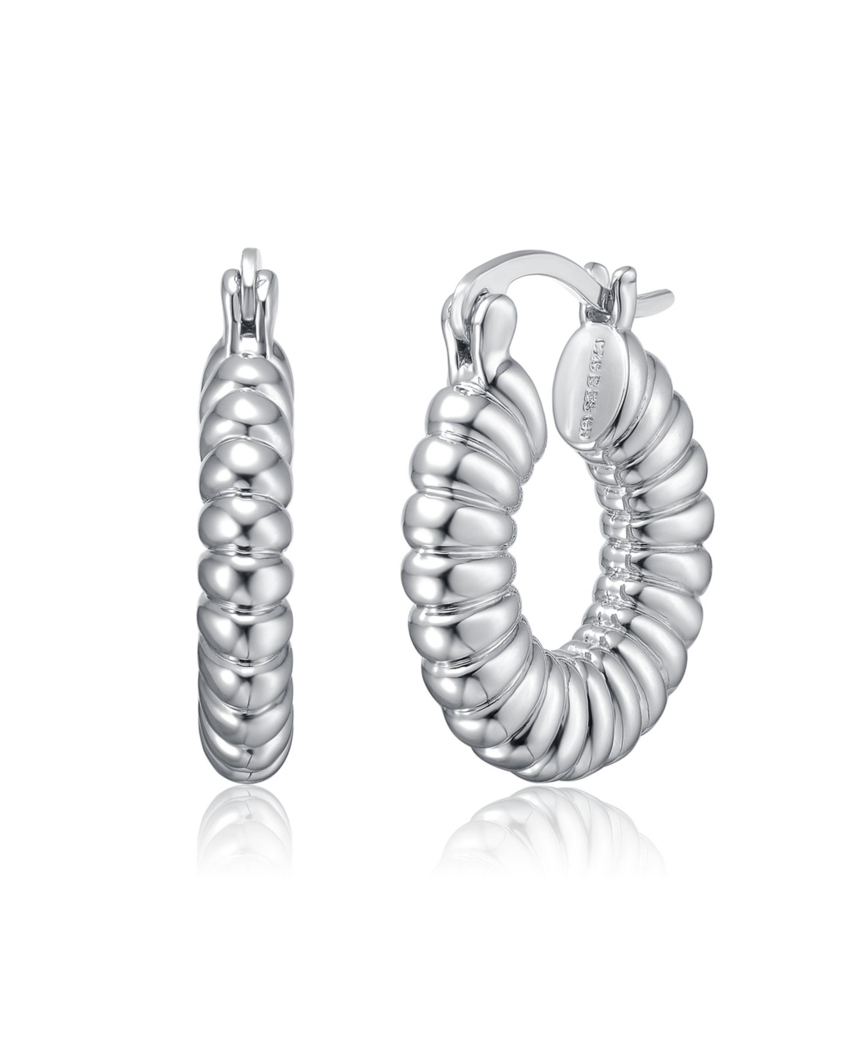Tubular Ribbed Round Hoop Earrings in White Gold Plated or 14K Gold Plated - Gold