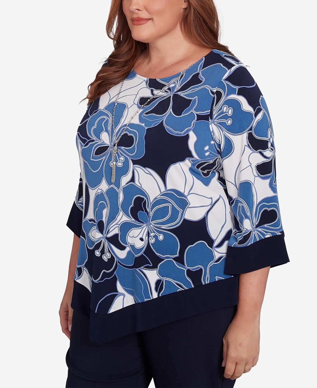 Alfred Dunner Plus Size Classic Abstract Bold Floral Patchwork Top With Necklace In Navy
