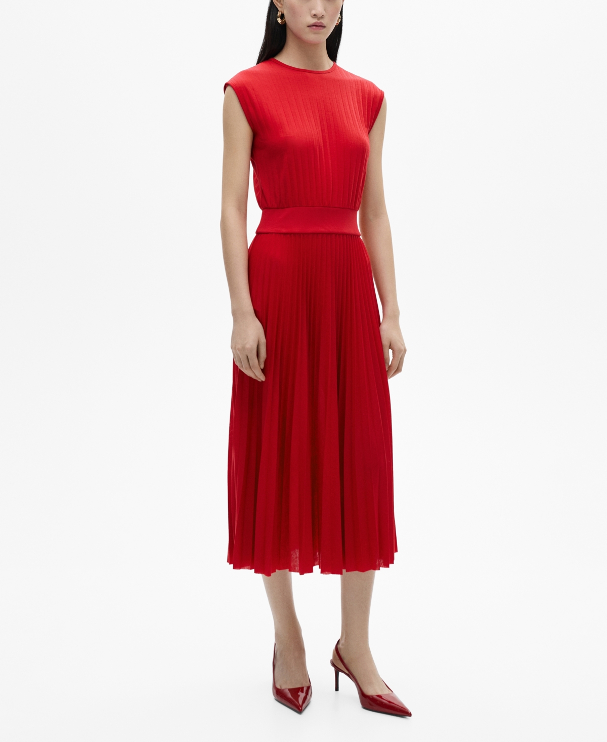 Mango Elastic Waist Pleated Dress Red In Red
