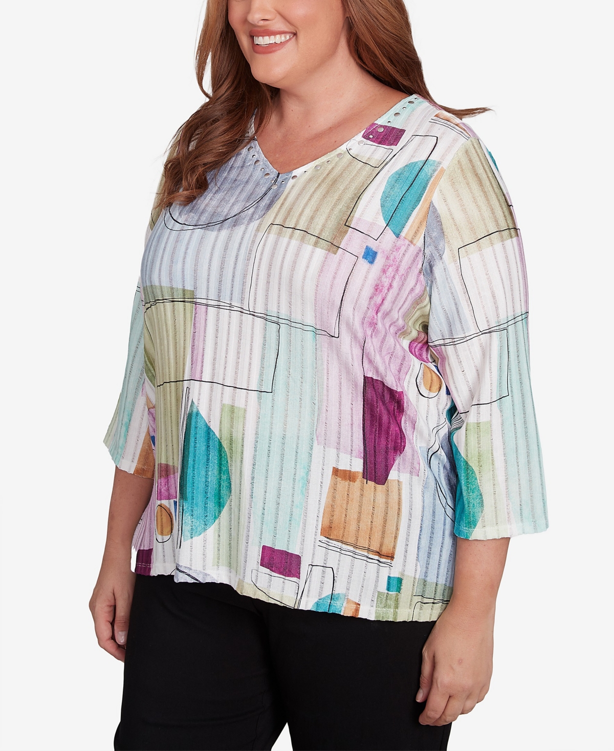 Alfred Dunner Plus Size Classic Geometric V-neck Three Quarter Sleeves Top In Neutral Multi