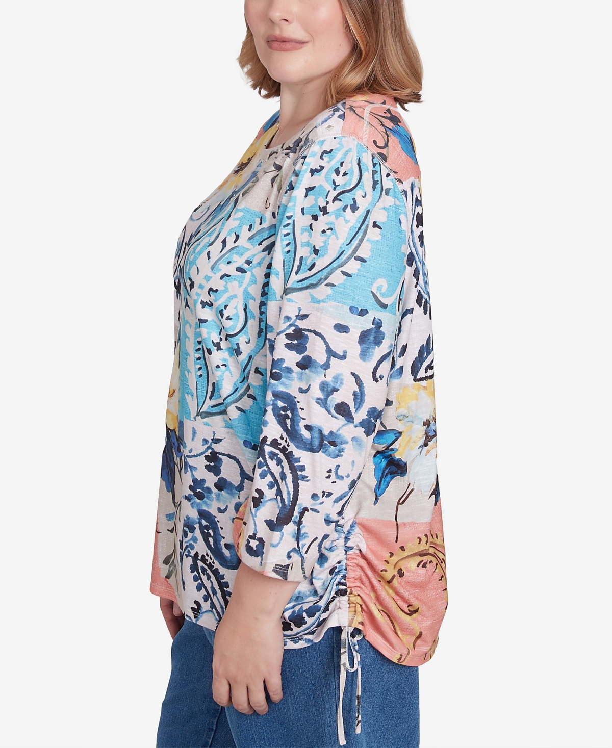 Alfred Dunner Plus Size Classic Floral Patch Drawstring Top In Navy Multi