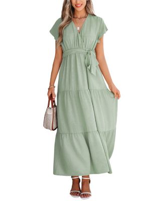 sage green dress for beach pictures Cupshe Women's Surplice Ruffled Maxi Color:Fawn sweeping length Semi PROM-2025 Faux-leather halter dress |