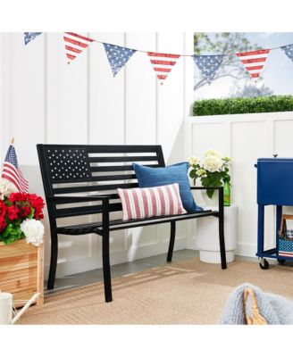 Indoor Outdoor Steel Garden Bench w/ American Flag Backrest, 790lb Capacity