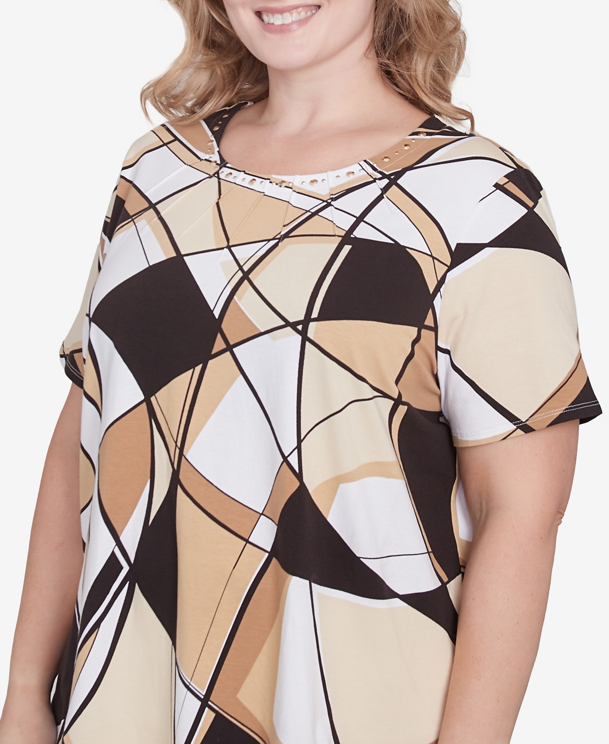 Alfred Dunner Plus Size Geometric Top With Detailed Neckline In Black,tan