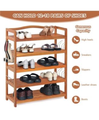 5-Tier Acacia Wood Shoe Rack with Side Metal Hooks