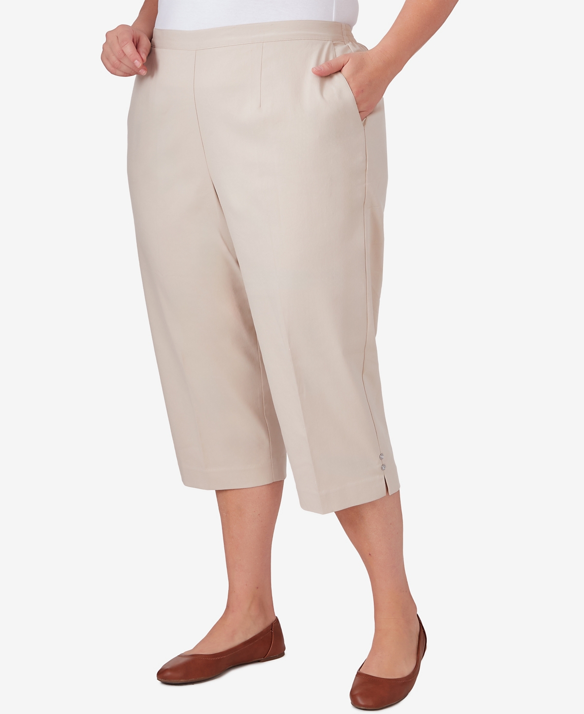 Alfred Dunner Plus Size Classic Neutrals Pull On Button Hem Twill Capri Pants In Stone