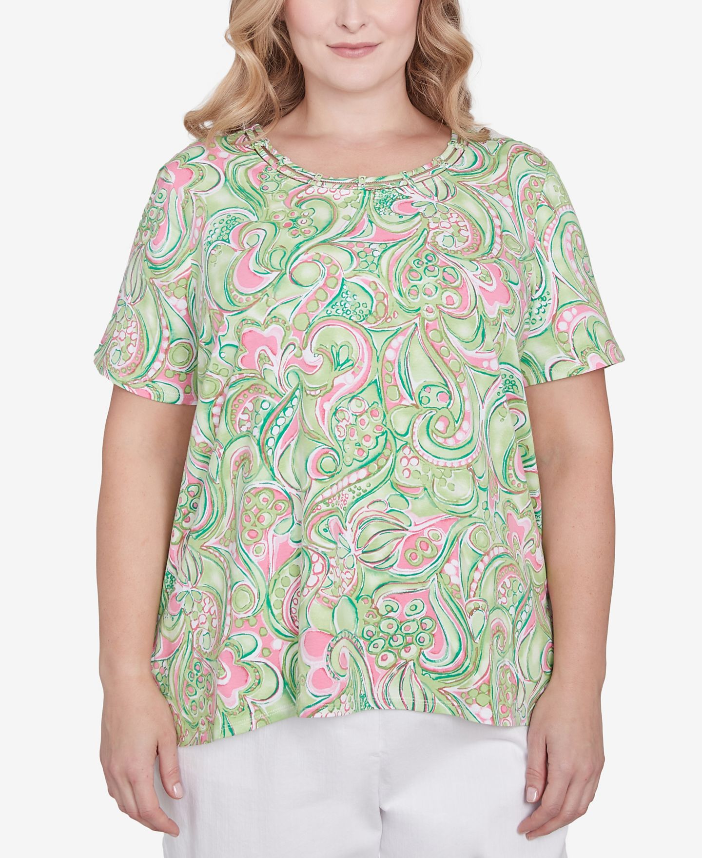 Женский топ Alfred Dunner Plus Size Abstract Scroll Crew Neck, цвет: Зелёный — фото 1