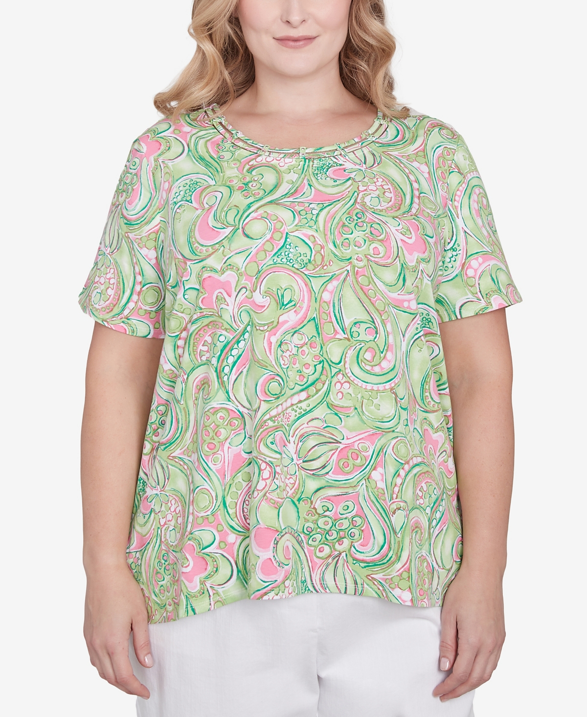 Alfred Dunner Plus Size Abstract Scroll Crew Neck Top In Green