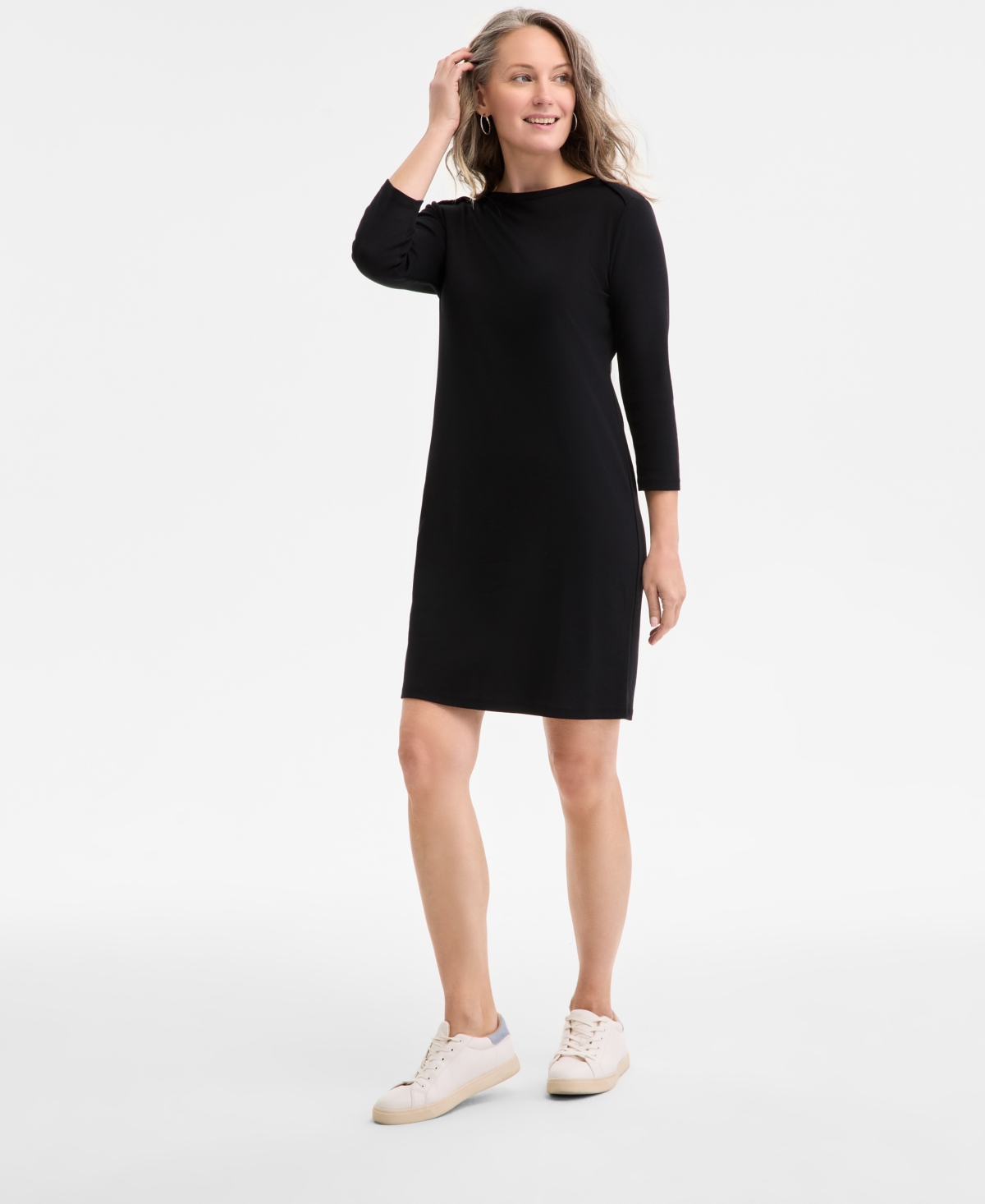 Style & Co Women's Cotton 3/4-sleeve Boat-neck Dress, Exclusively At Macy's In Deep Black