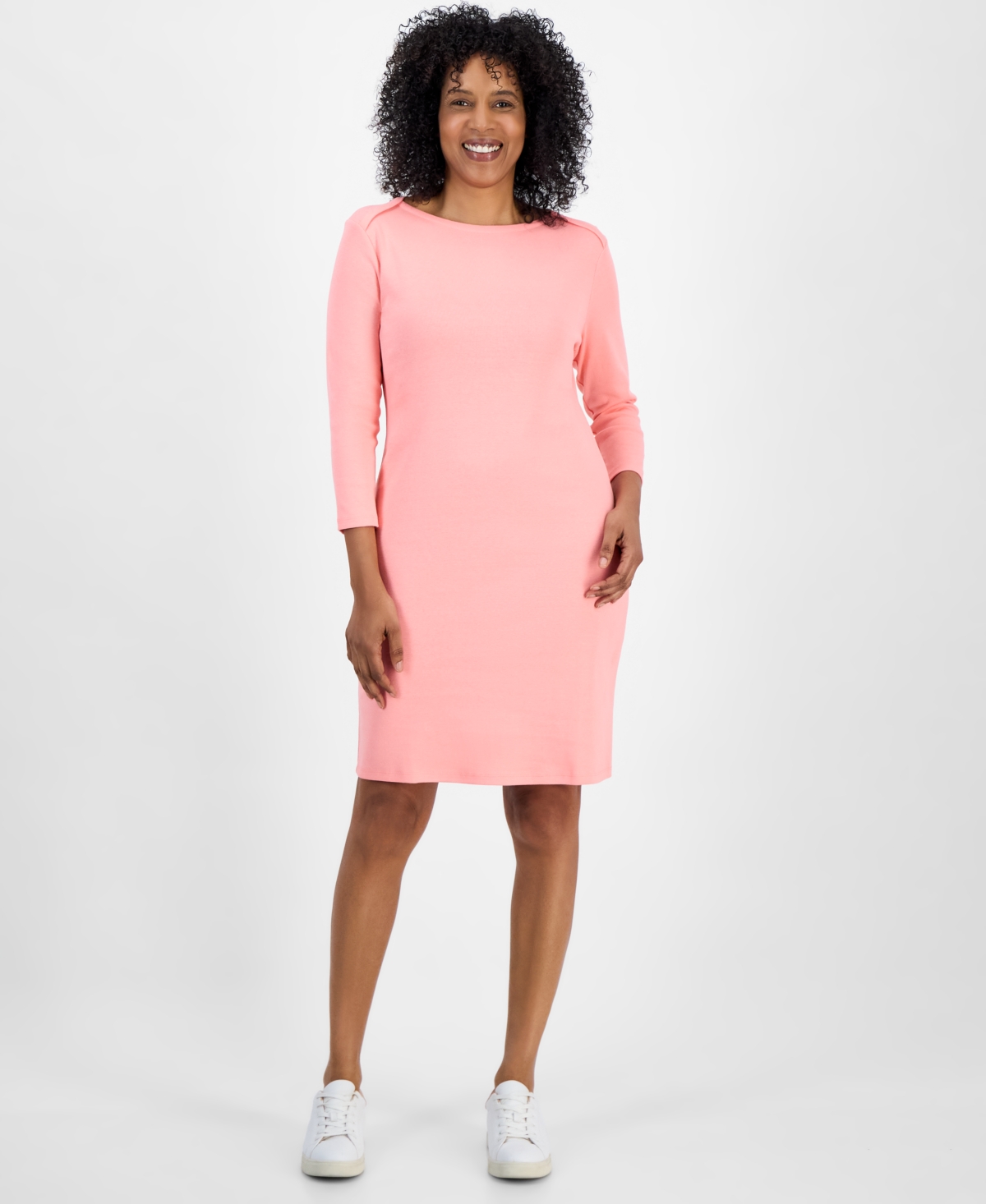 Style & Co Women's Cotton 3/4-sleeve Boat-neck Dress, Exclusively At Macy's In Salmon Rose