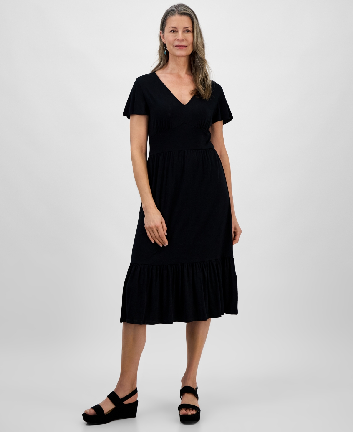 Women's Printed Flutter-Sleeve Knit Midi Dress, Exclusively at Macy's - Deep Black