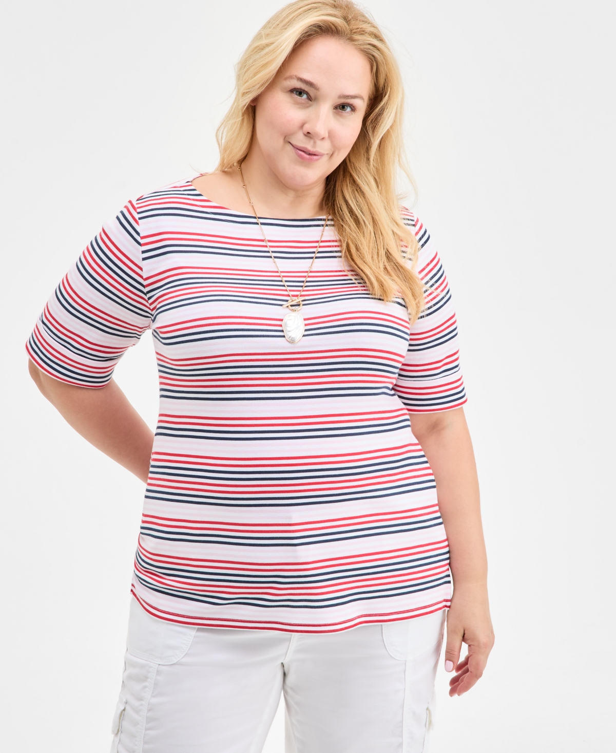 Plus Size Striped Elbow-Sleeve Knit Top, Exclusively at Macy's - Movement Red