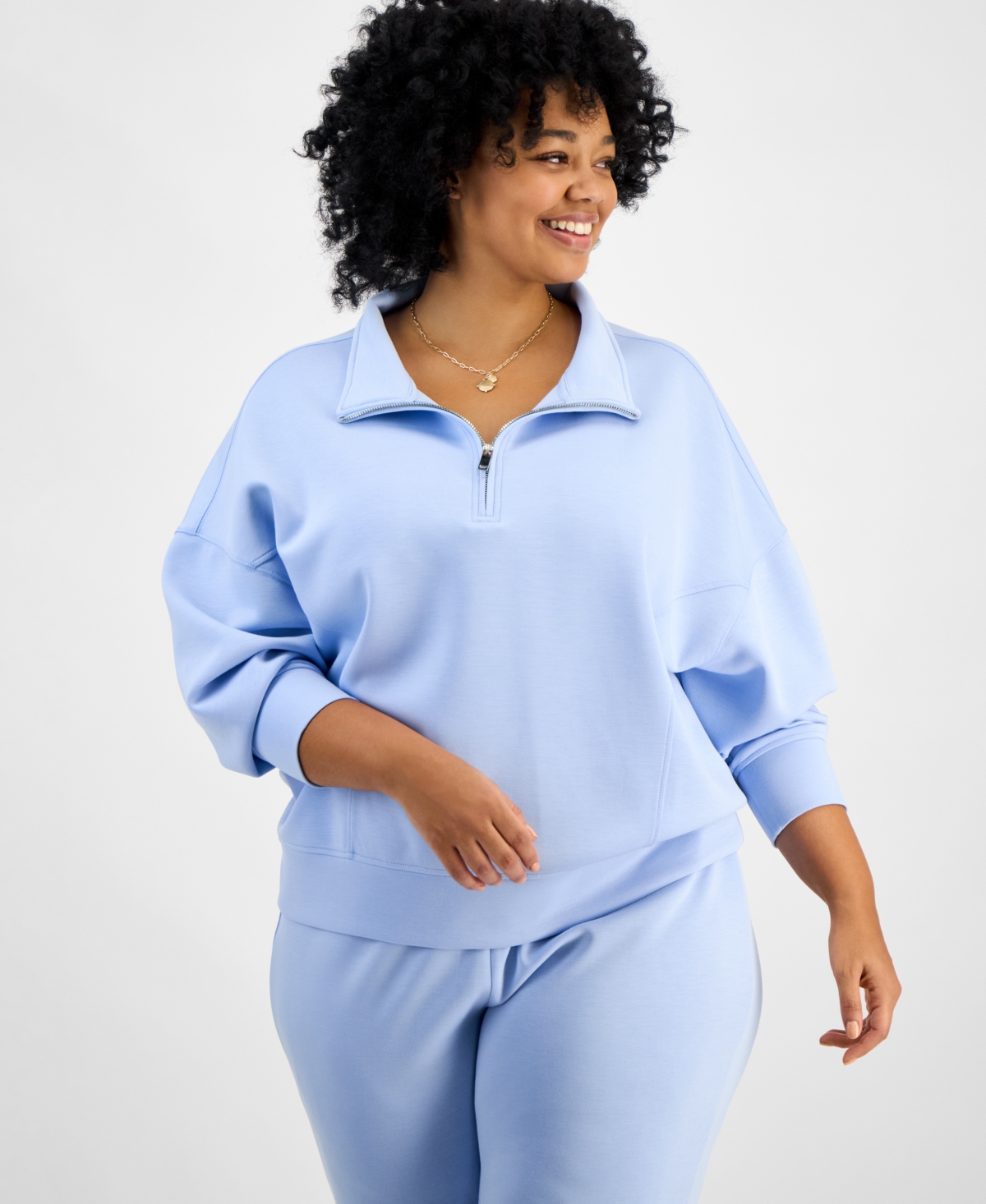 And Now This Trendy Plus Size Quarter-zip Scuba Knit Pullover, Created For Macy's In Blue Falls