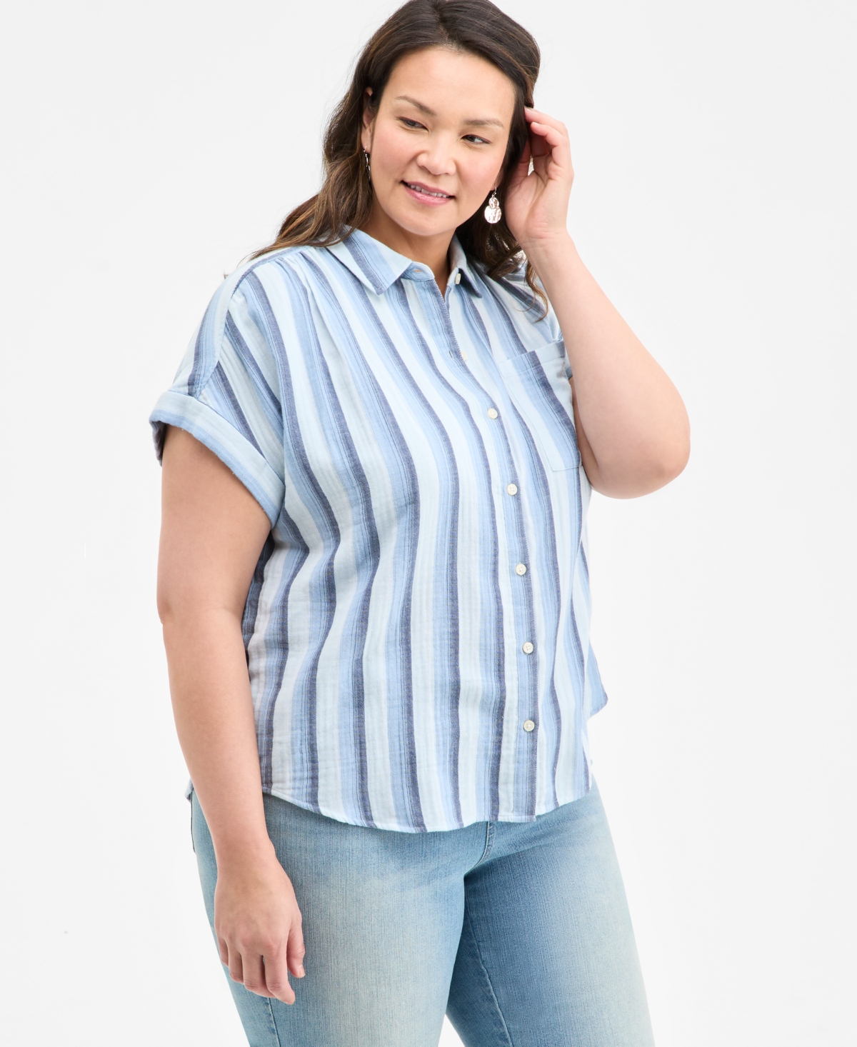 STYLE & CO PETITE PRINTED BUTTON-FRONT COTTON CAMP SHIRT, EXCLUSIVELY AT MACY'S 