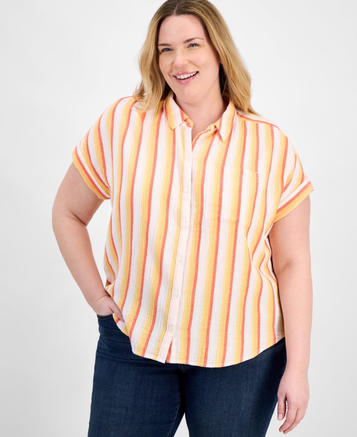 Plus Size Striped Camp Shirt, Exclusively at Macy's - Sammy Orange