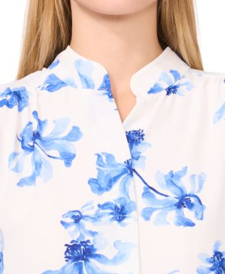 Women's Printed Open-Collar Elbow-Sleeve Top