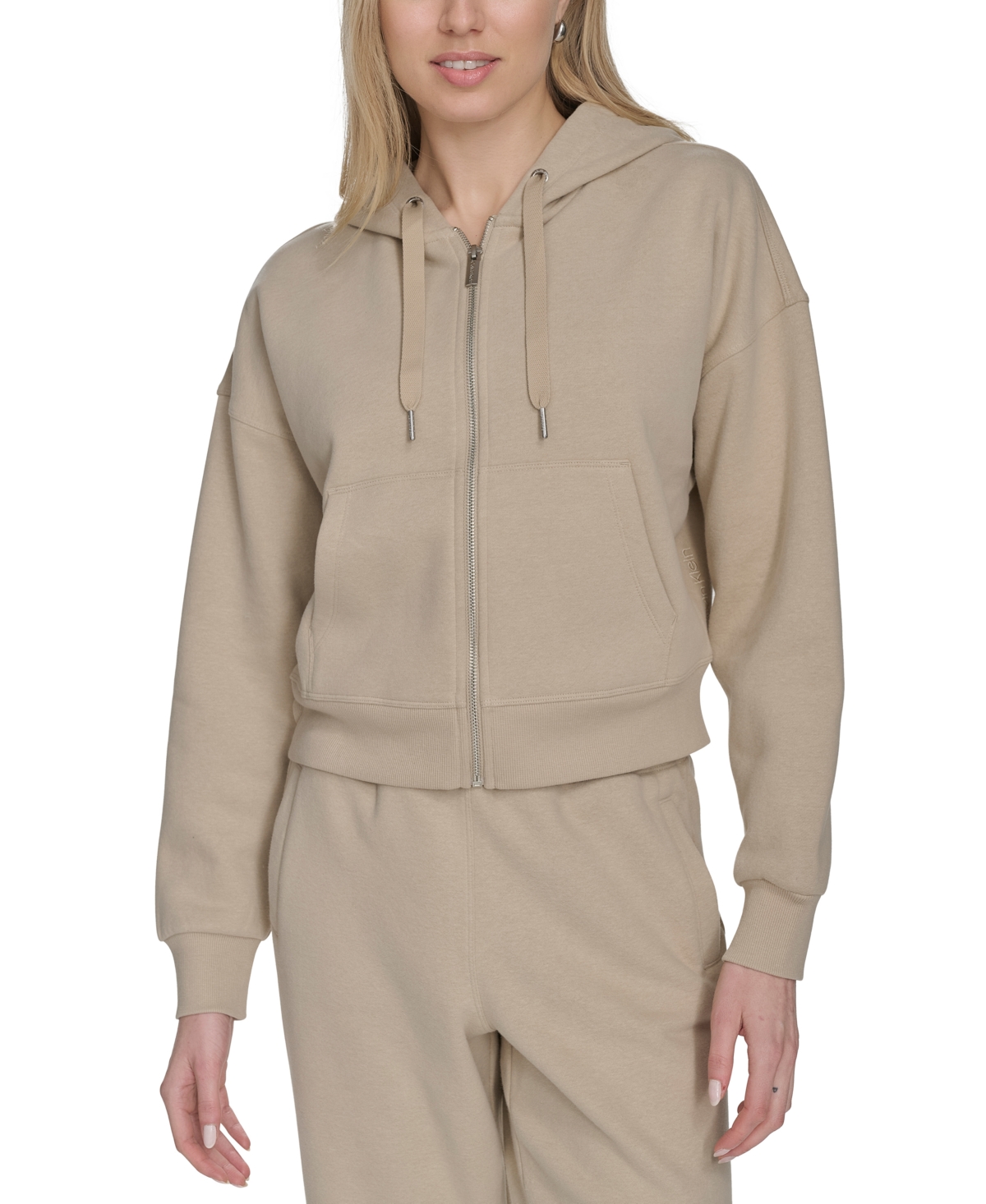 Shop Calvin Klein Women's Fleece Crop Zip-front Long-sleeve Hoodie In White Pepper