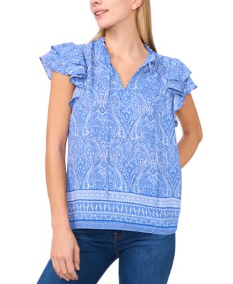 CeCe - Women's Split-Neck Double-Ruffle Sleeve Blouse