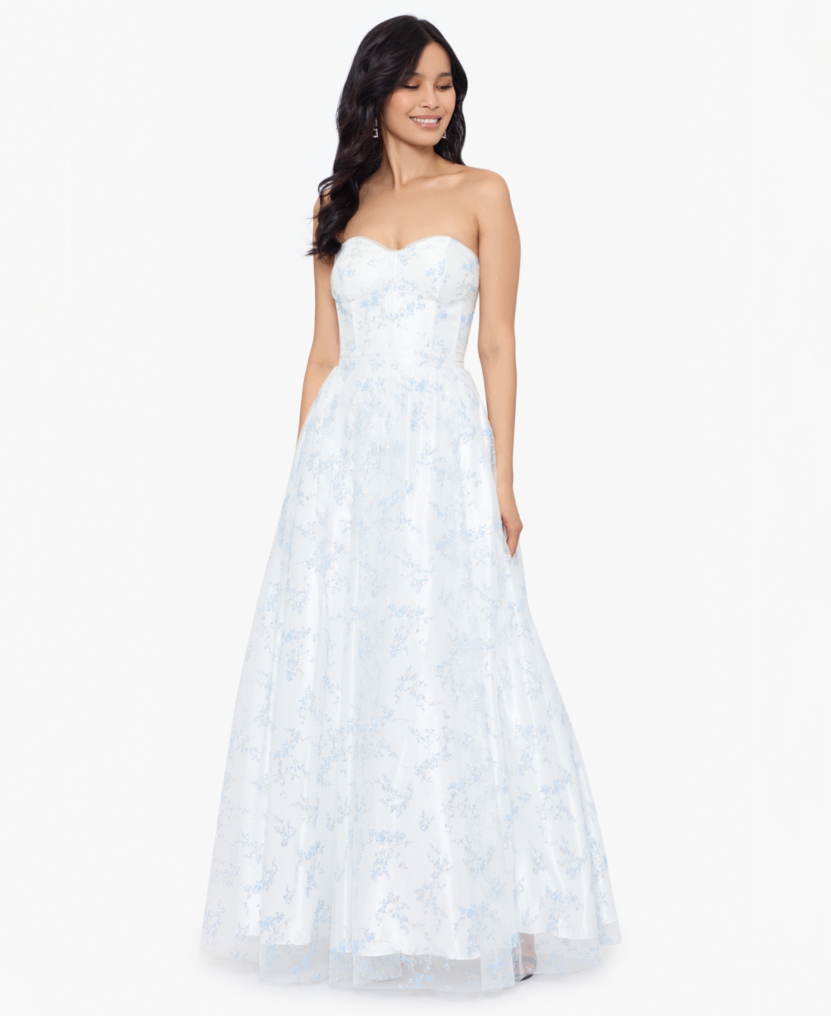 Juniors' Glitter-Floral Corset Ball Gown - Ivory/peri