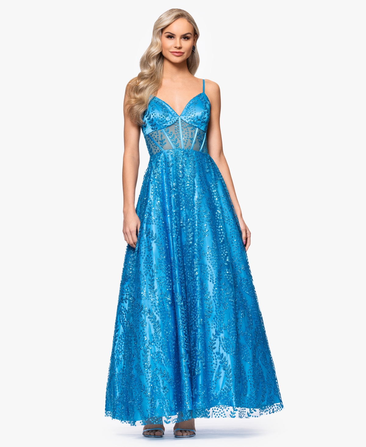 Juniors' Glitter-Mesh Corset Lace-Up Dress - Aqua