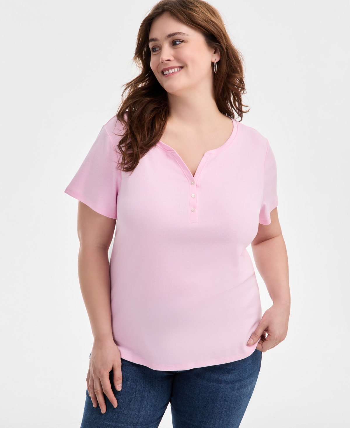 Style & Co Plus Size Short-sleeve Henley Top, Exclusively At Macy's In Pink Heart
