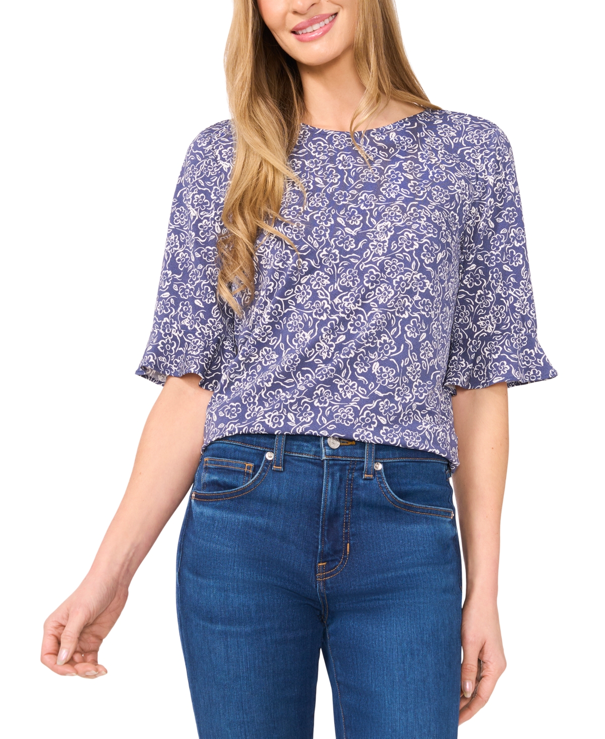 Women's Printed Ruffle-Cuff Crewneck Knit Top - Ocean Blue