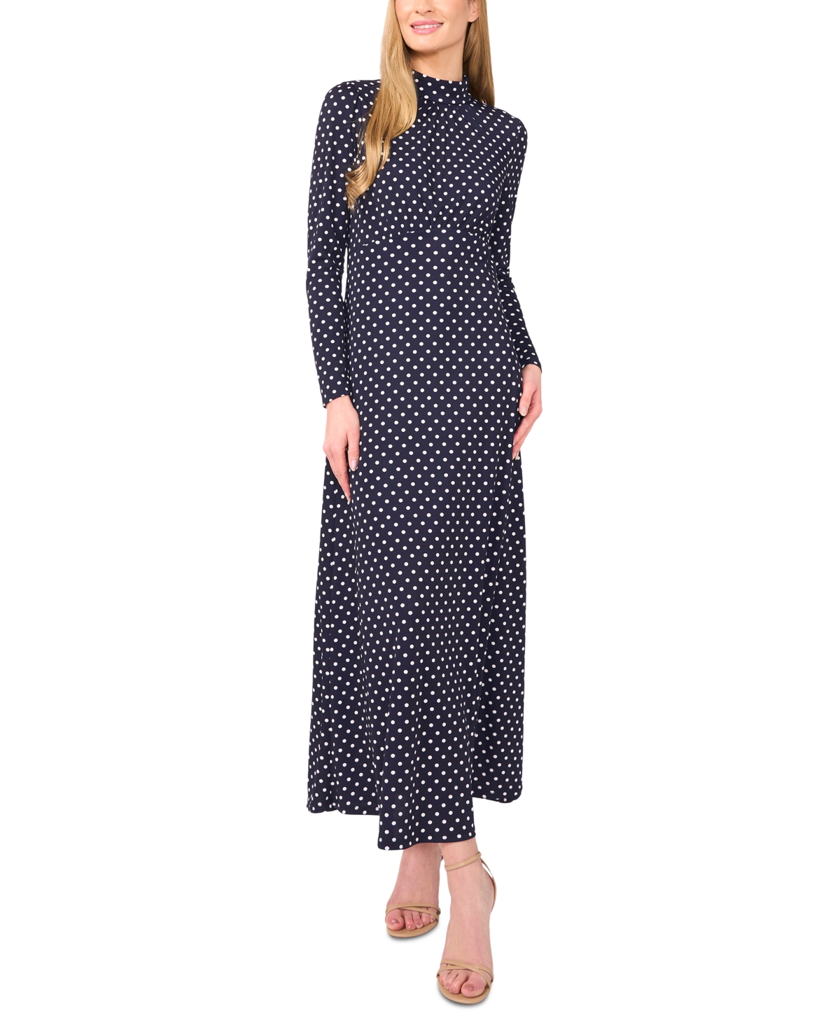 Cece Polka Dot Long Sleeve A-line Maxi Dress In Classic Navy