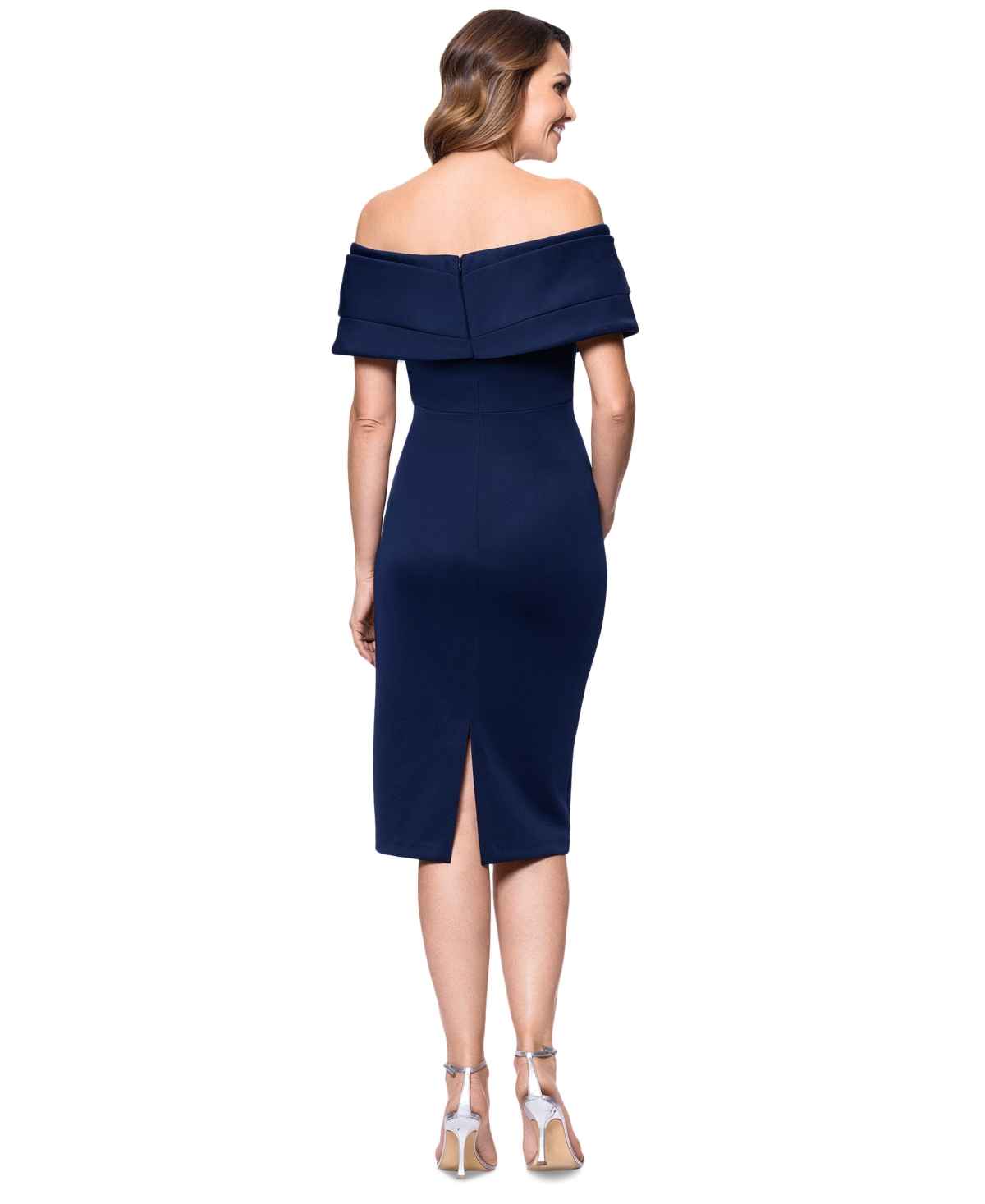 Shop Betsy & Adam Petite Off-the-shoulder Sheath Dress In Navy