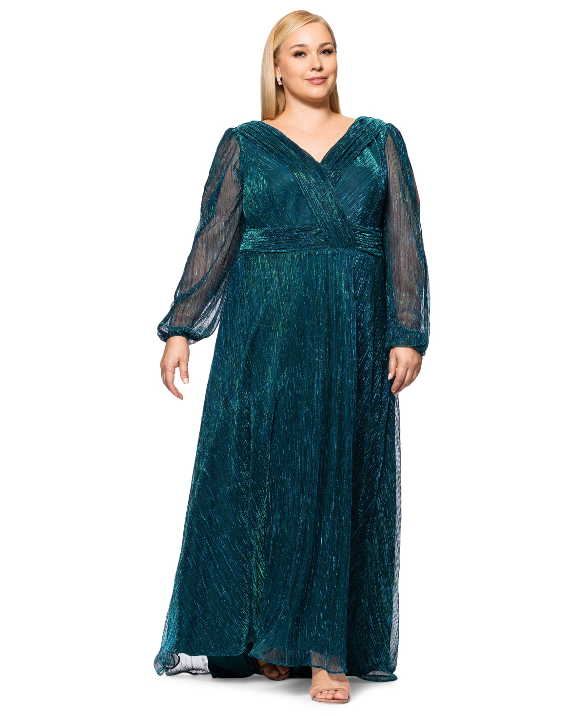 BETSY & ADAM PLUS SIZE METALLIC PLEATED SPLIT-SLEEVE GOWN 