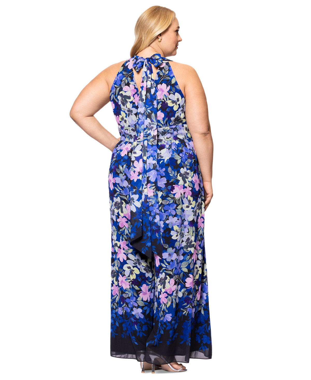 Betsy & Adam Plus Size Floral-print Sleeveless Jumpsuit In Black,blue