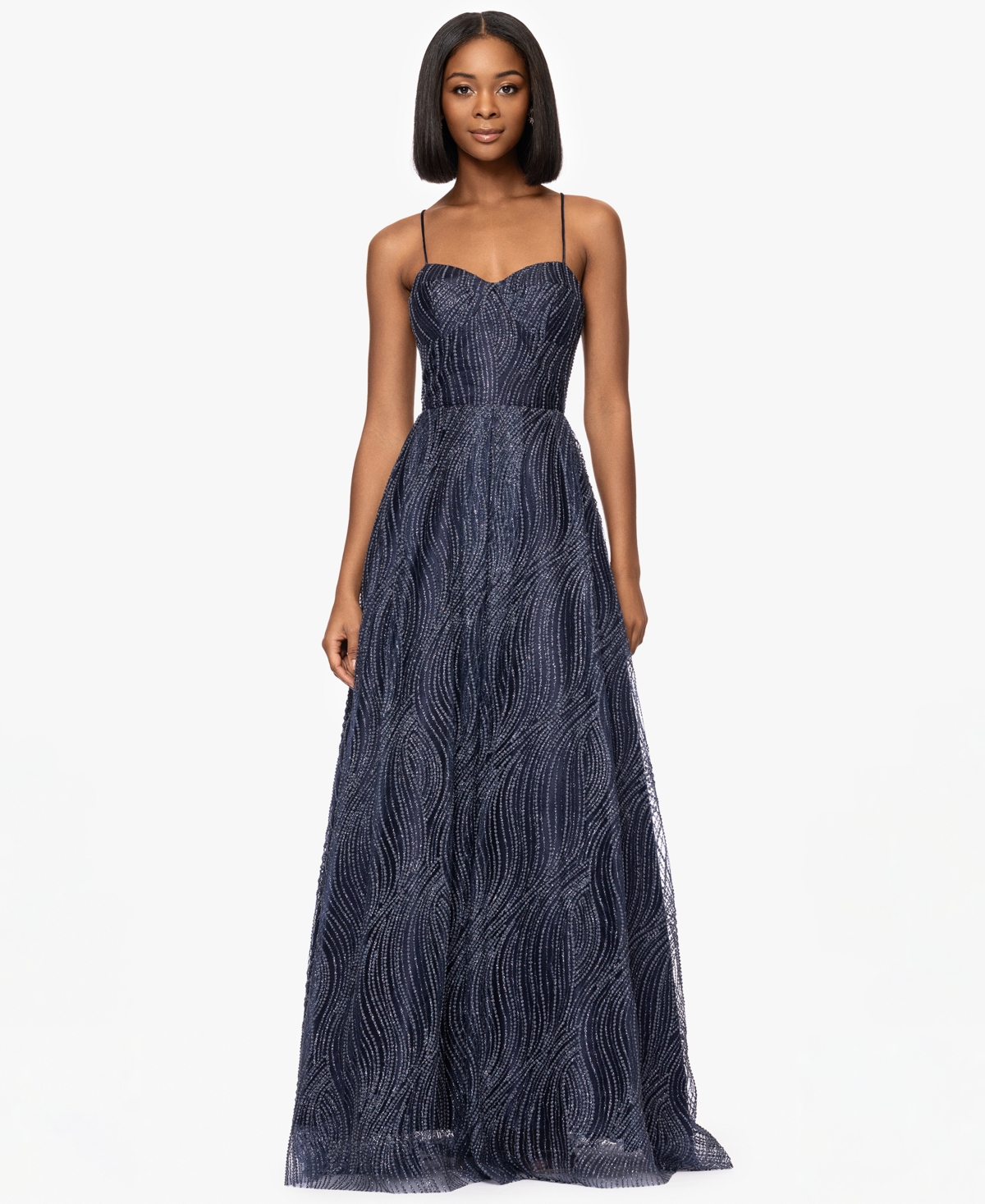Juniors' Glitter-Dot Sweetheart-Neck Gown - Navy