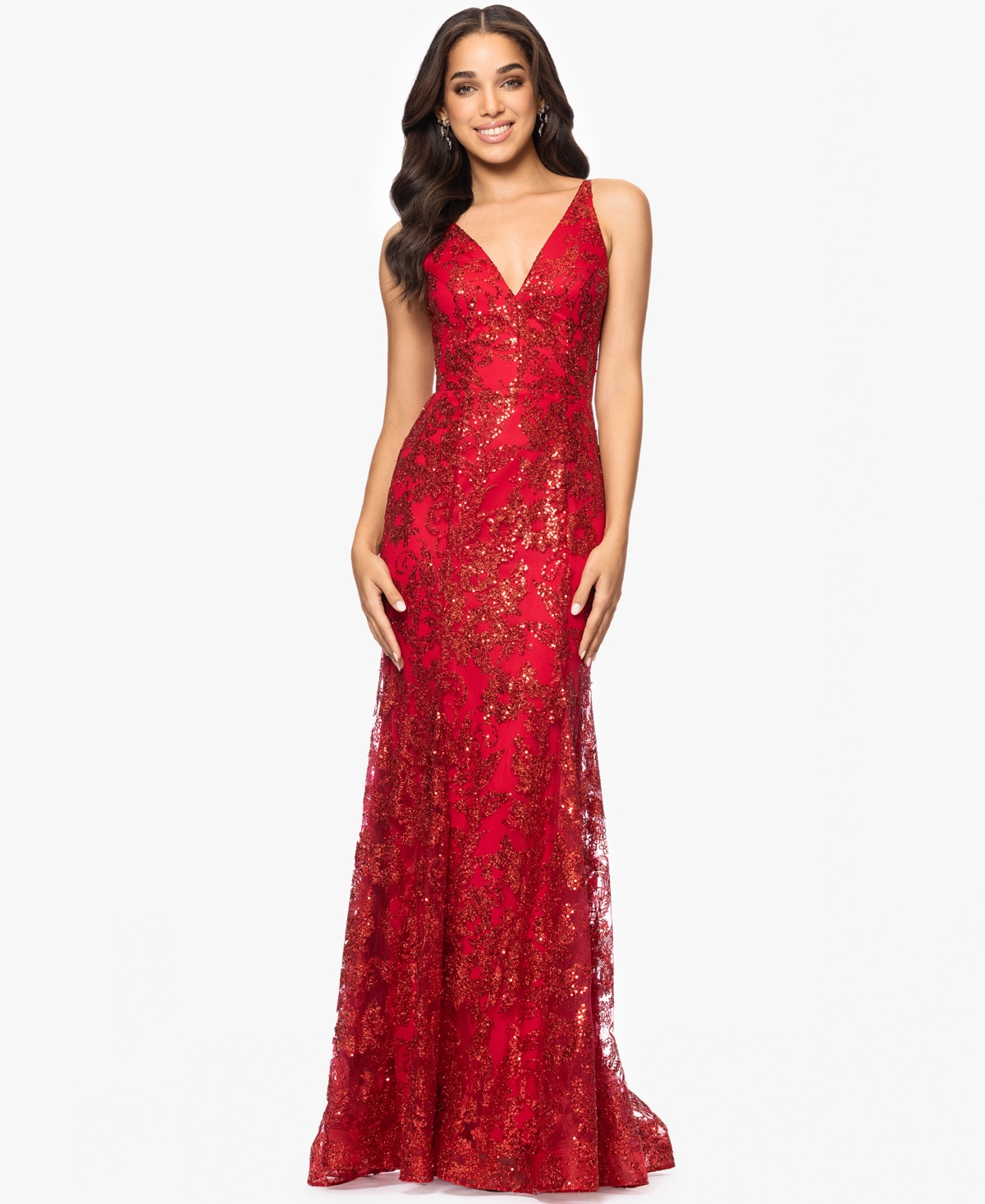 Juniors' Glitter-Floral V-Neck Gown, Created for Macy's - Red