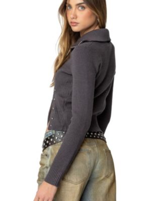 Womens Ribbed Asymmetric Zip Up Cardigan