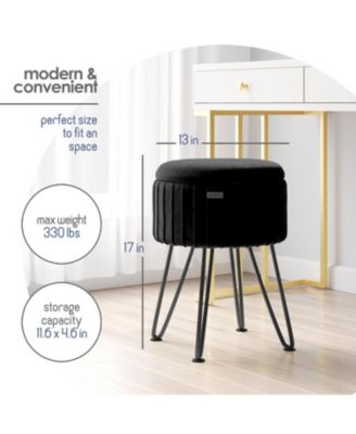 Pleated Velvet Round Ottoman with Storage – Modern Foot Stool, Makeup Vanity Stool, Small Ottoman Foot Rest