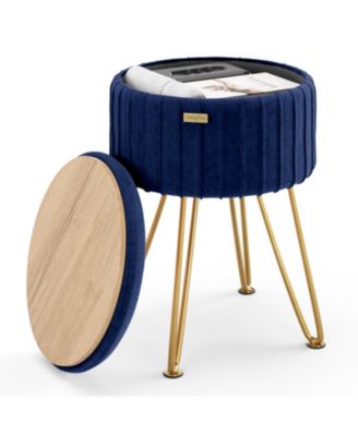 Pleated Velvet Round Ottoman with Storage – Modern Foot Stool, Makeup Vanity Stool, Small Ottoman Foot Rest