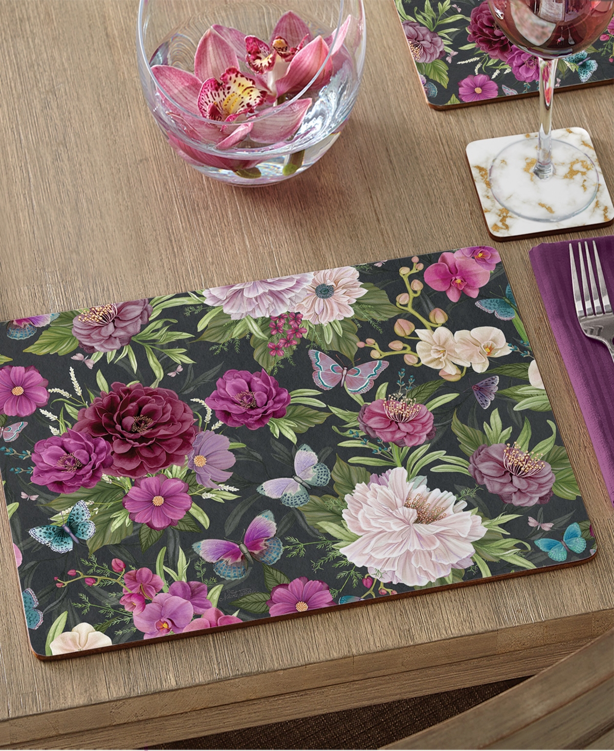 Counterart Midnight Garden Hardboard Cork Placemats 15"x 11", Set Of 4 In Multi
