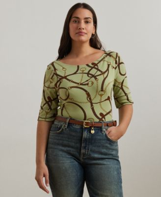 Lauren Ralph Lauren - Plus Size Belting-Print Cotton-Blend Boatneck Tee