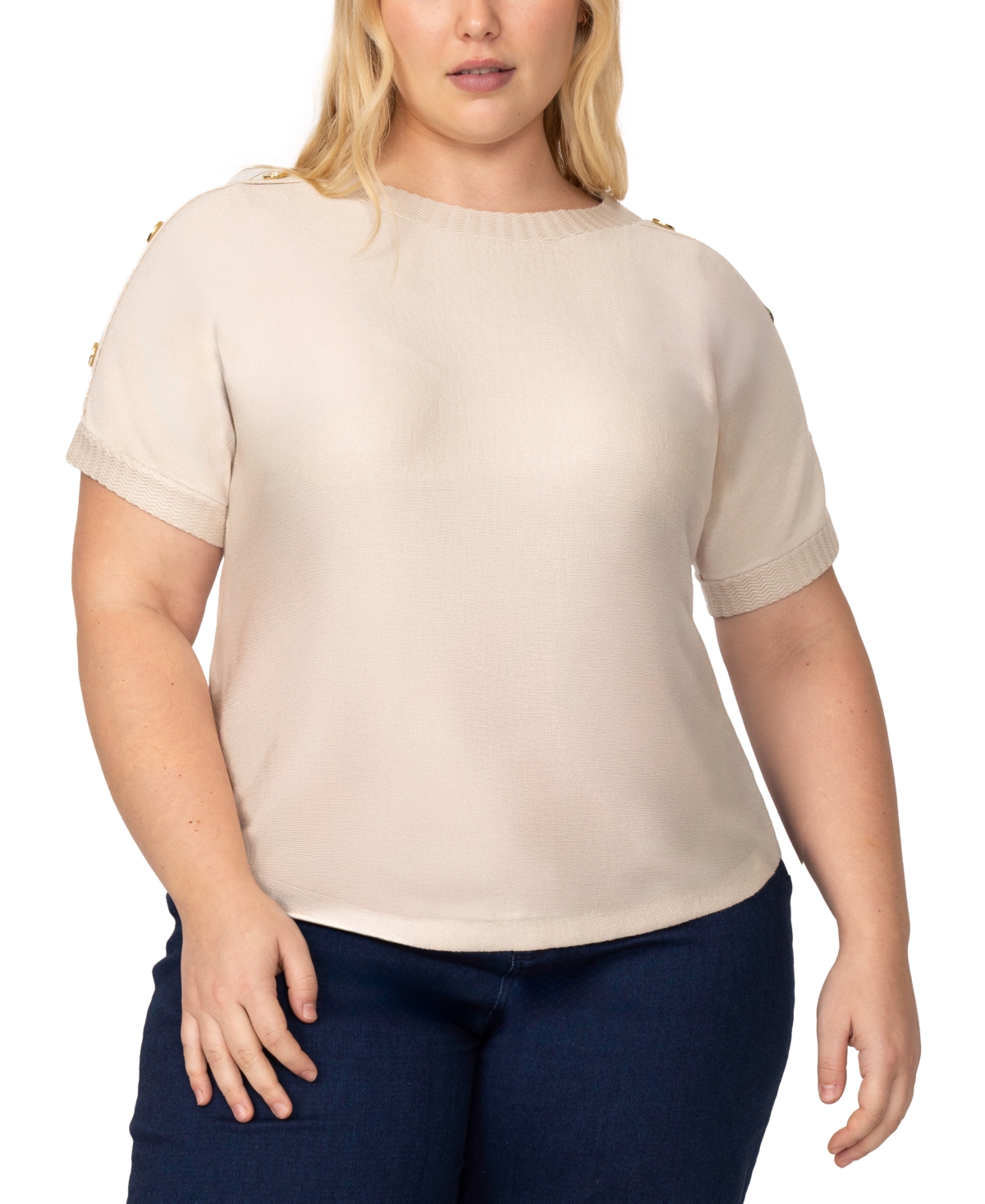Plus Size Zigzag-Trim Button-Shoulder Sweater, Exclusively at Macy's - Jet Black