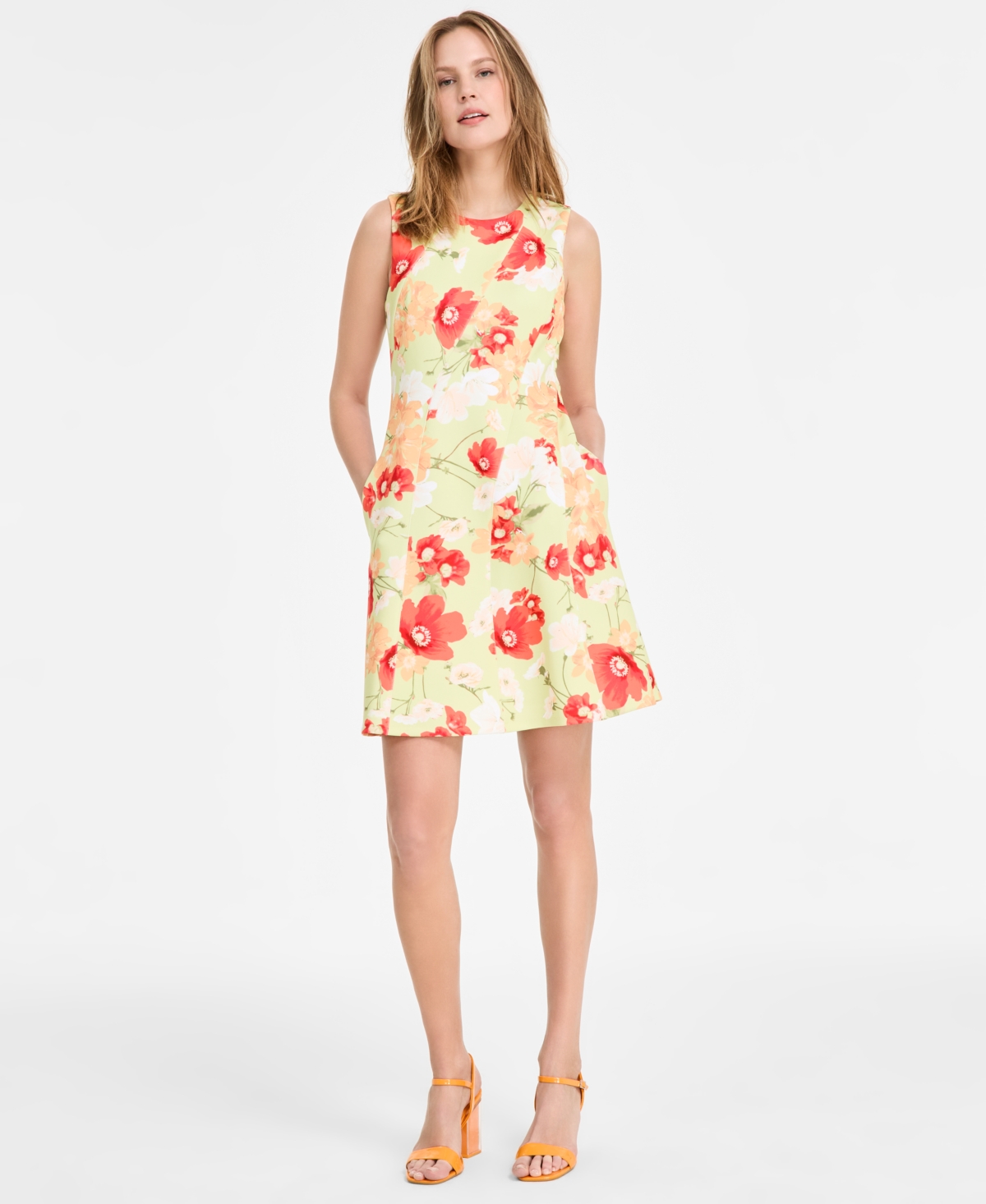 Vince Camuto Petite Printed Jewel-neck Sleeveless Dress In Green Multi