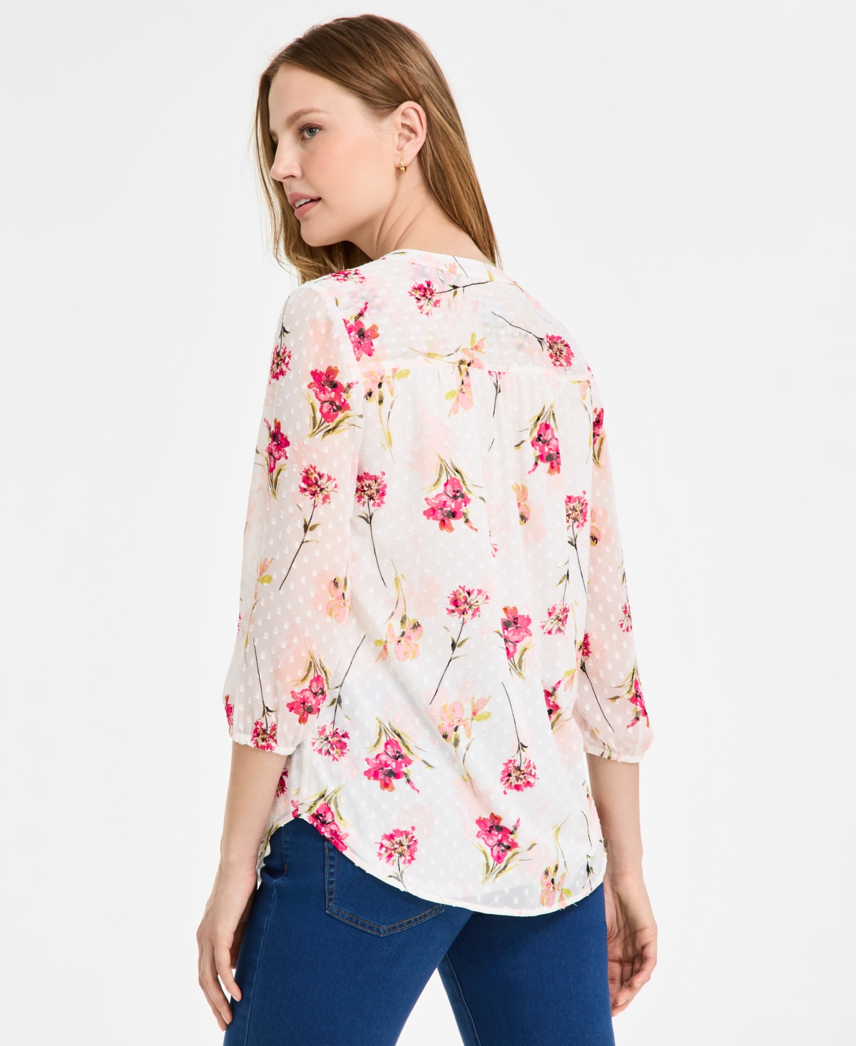 Jones New York Women's Floral-print Chiffon Clip-dot Top In Jones White Multi
