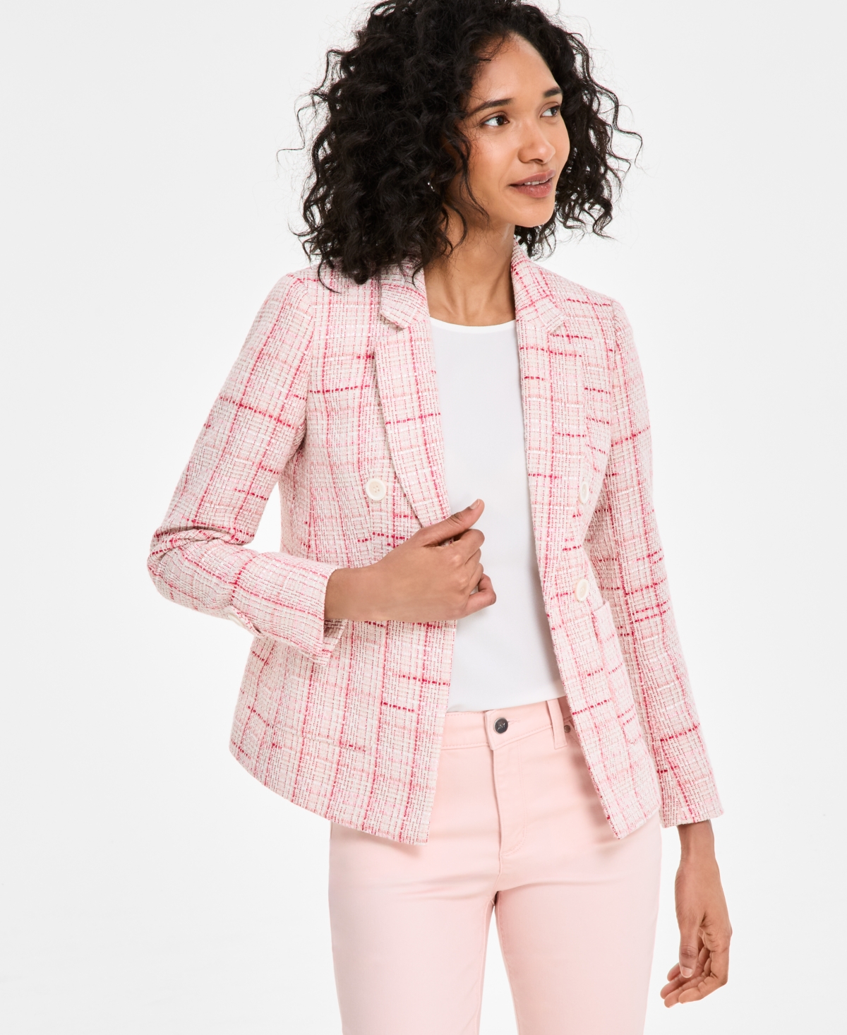 Shop Jones New York Women's Plaid Tweed Blazer In Petal Pink Multi