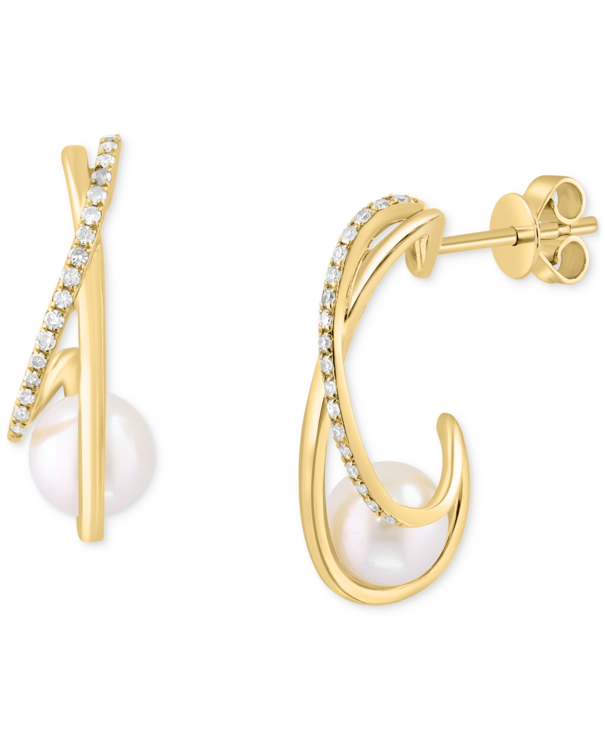 Effy Cultured Freshwater Pearl (6-1/2mm) & Diamond (1/6 ct. t.w.) Half Hoop Earrings in 14k Gold - Gold