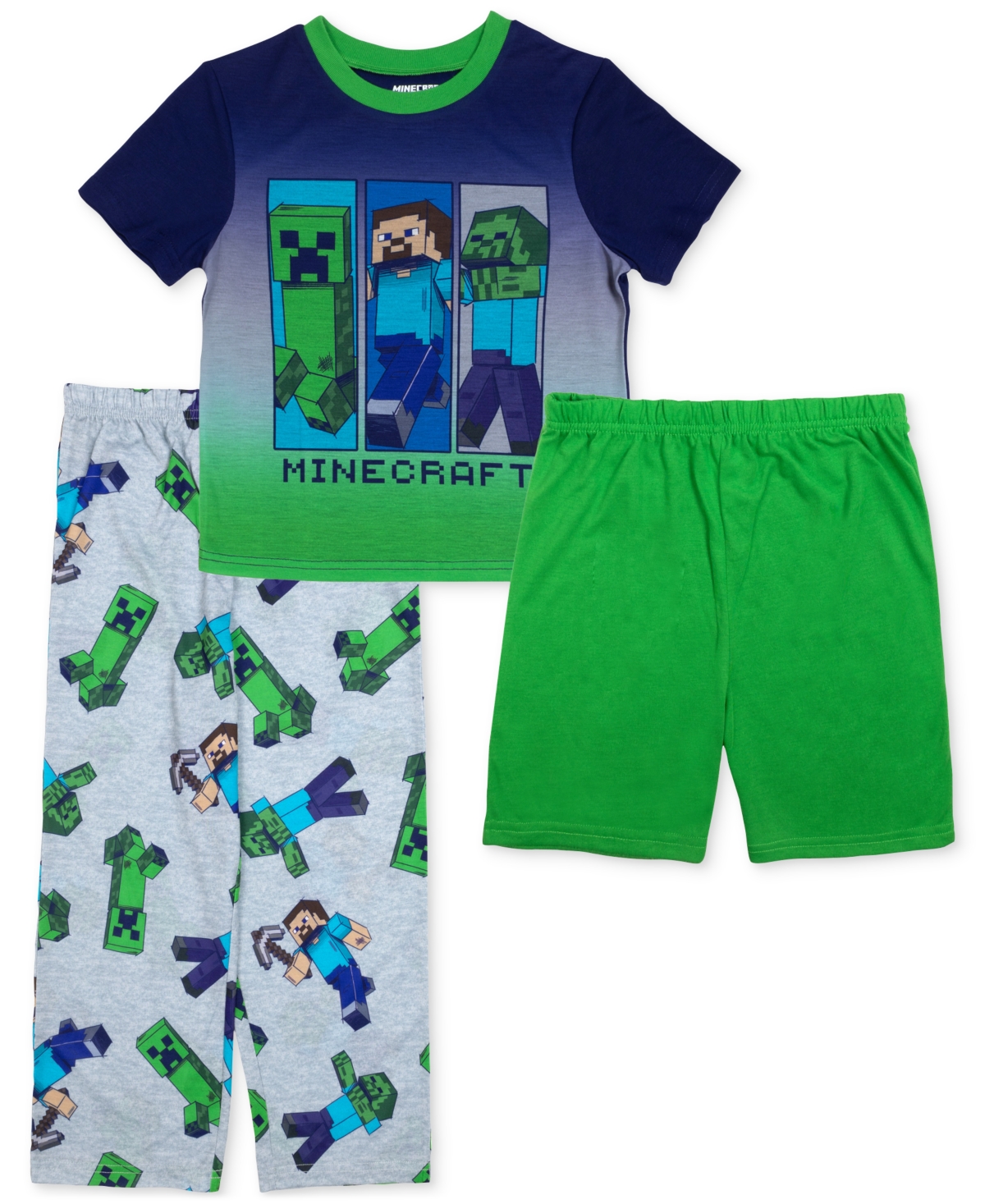 MINECRAFT BIG BOYS SHORT-SLEEVE TOP, SHORTS & PANTS PAJAMAS, 3 PIECE SET 